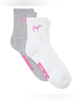 PINK Victoria's Secret Gray & White “Pink Dog” 2-Pack Quarter Socks- New